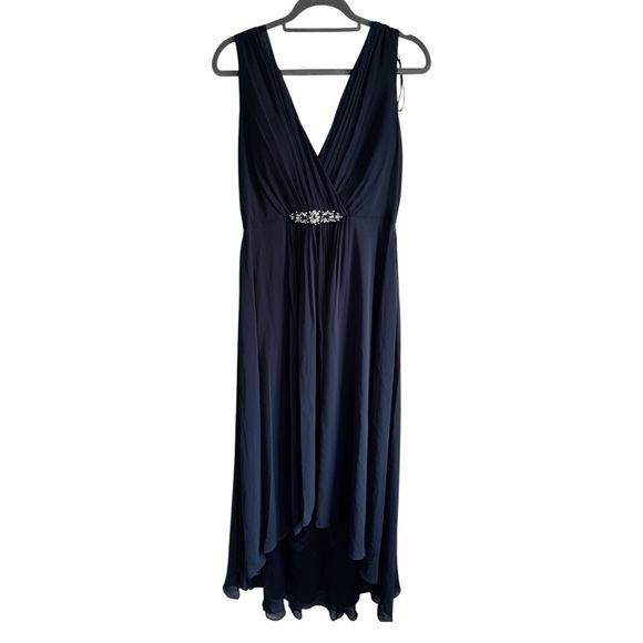 Eliza J Embellished High Low Chiffon Dress 10 Navy Blue - Picture 7 of 13